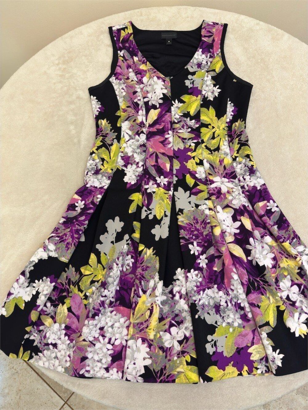 Worthington Dress Womens Size 10 Black Purple Floral Fit & Flare Knee